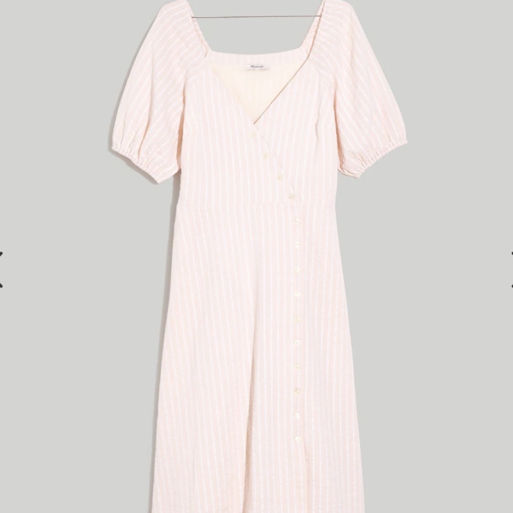 Madewell Puff-Sleeve Button-Wrap Midi Dress in Undyed Stripe Size 6